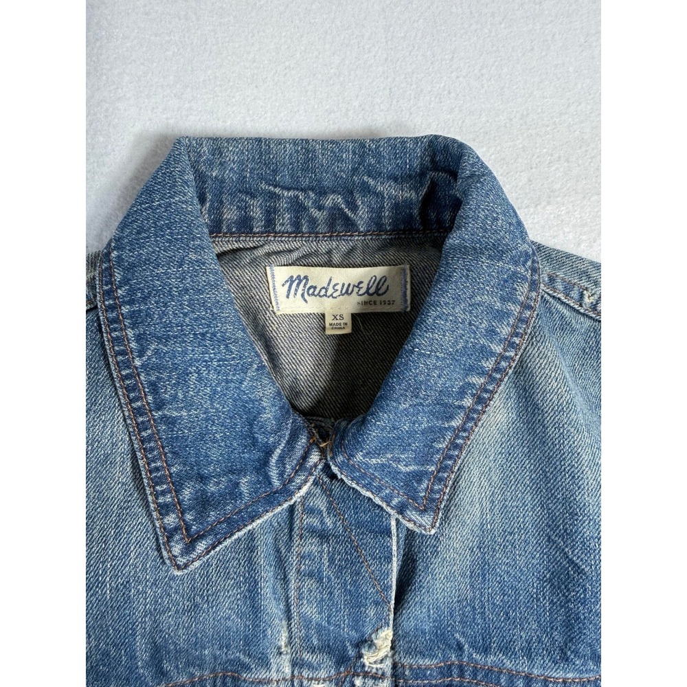 Madewell Womens XS Distressed Denim Jacket Medium Wash Blue Trucker Jean Jacket
